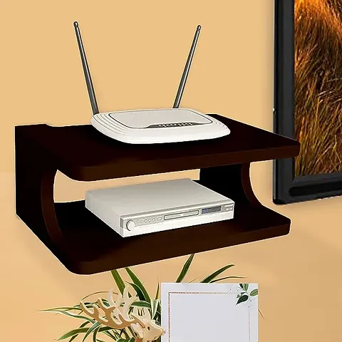 Set top Box Stand | WiFi Router Holder Wooden Wall Shelves | Setup Box Stand for Home | Wall Mount Stylish WiFi Router Holder TV Cabinet Living Room Furniture (Color-Brown)