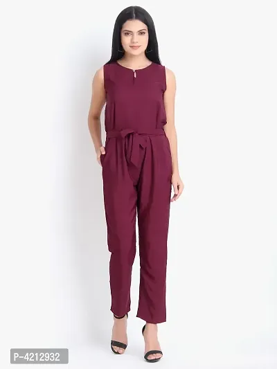 Women's Maroon Polyester Solid Basic Jumpsuit-thumb0