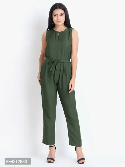 Women's Green Polyester Solid Basic Jumpsuit