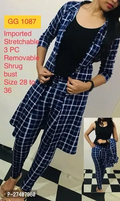 Stylish Blue Cotton Blend Checked Co-Ords Sets For Women-thumb0