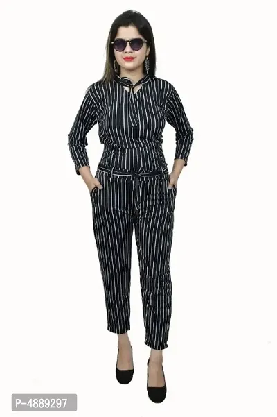 Women's Black Cotton Blend Striped Jumpsuit-thumb0