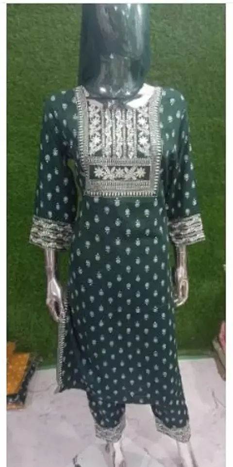 Trendy Rayon Embroidered Kurta With Pant And Dupatta Set For Women