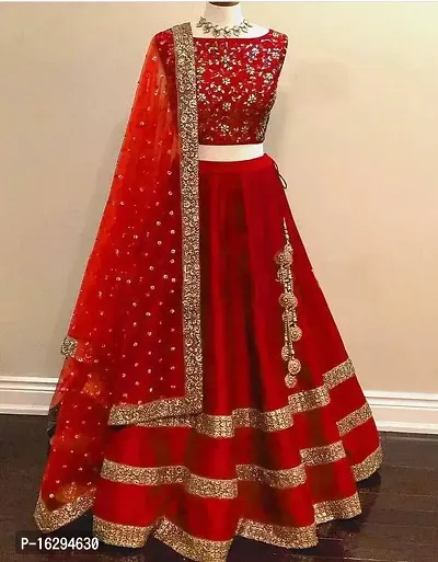 Stylish Red Taffeta Silk  Semi Stitched Lehenga Choli Set For Women-thumb0