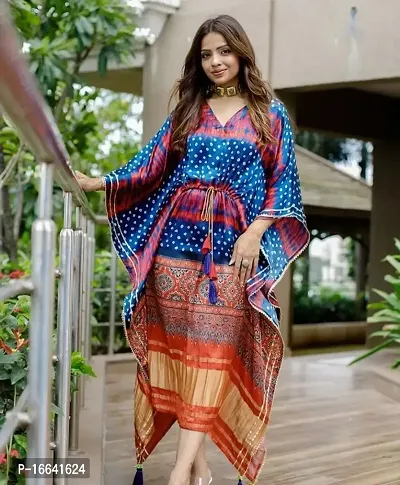 Beautiful Satin Digital Printed Kaftan With Dori Jhumka For Women-thumb0