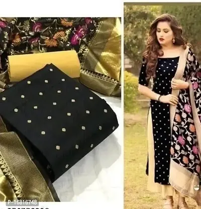 Trendy Banarasi Silk Black Zari Dress Material with Dupatta For Women-thumb0