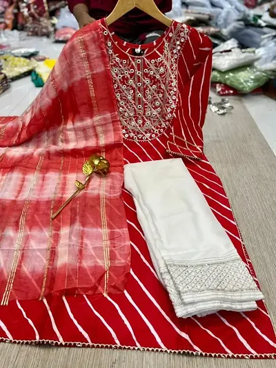 Beautiful Rayon Embroidered Kurta Pant And Dupatta For Women