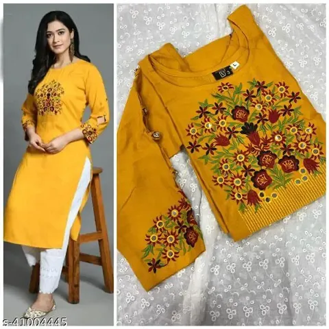 Rayon Embroidery Straight Kurti With Bottom Set