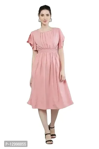 DEEP STITCHING Women's Round Neck Solid Crepe Western Dress for Girls (Light Pink) Size:-X-Small.