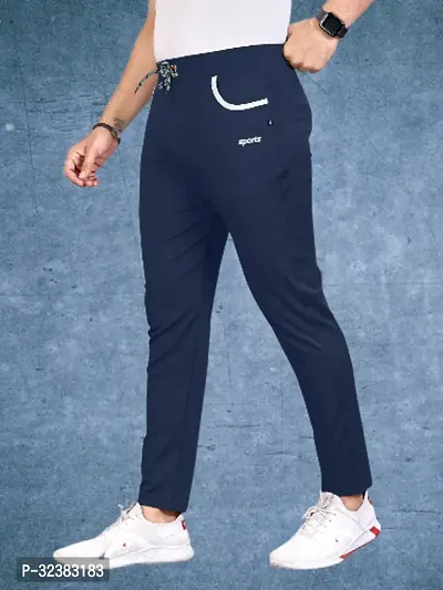 Stylish Navy Blue Lycra Solid Regular Track Pants For Men-thumb0