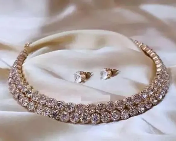 Plated Single Line big Diamond Necklace, Earrings and Bracelet Cubic Zirconia Gold-plated Plated Alloy Choker