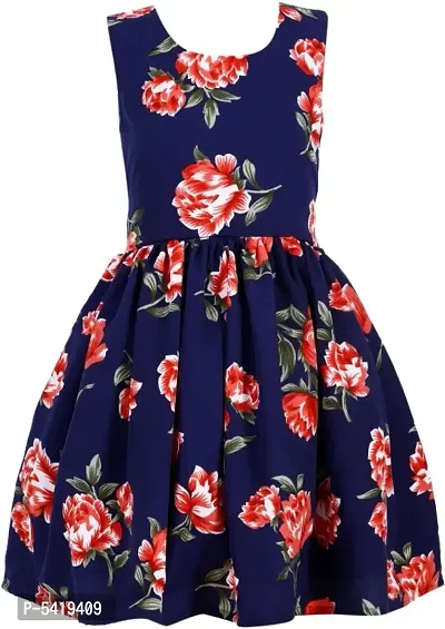 Stylish Beautiful Navy Blue Cotton Rose Printed Dress For Girls