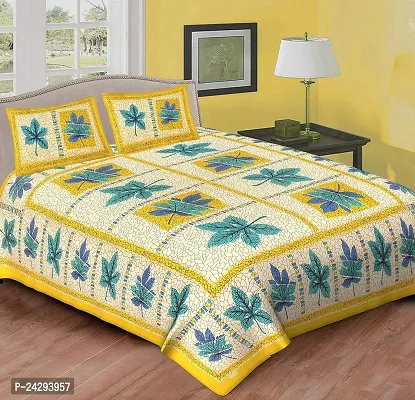 Comfortable Yellow Cotton Printed Double Bedsheet with Two Pillow Covers