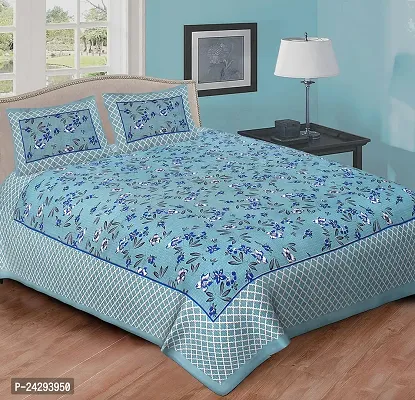 Comfortable Blue Cotton Printed Double Bedsheet with Two Pillow Covers