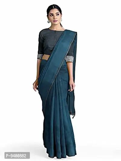 Sushrita Boutique Womens Traditional Prints Solid Khadi Handloom Saree (Plain Cotton-Blue)-thumb0