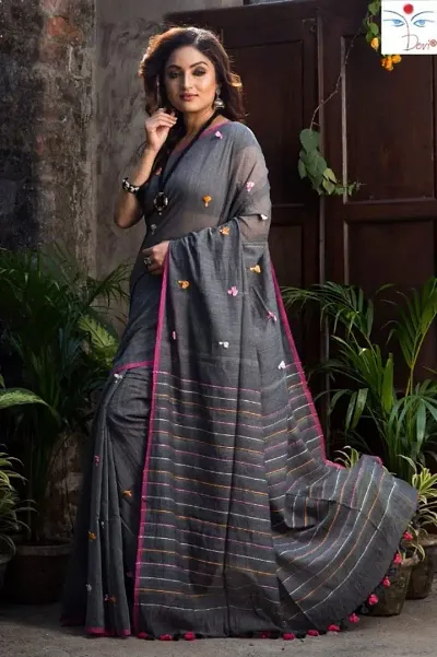 Striped Pallu All Over Pompom Cotton Silk Sarees