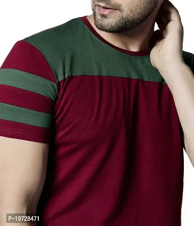 BET Men Premium Cotton Round Neck Color Block T-Shirt Maroon::Olive-thumb2