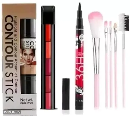 Combo Of 4 Contour Stick+Eyeliner+5In1Lipstick+1Set Makeup Brush (5Pcs)