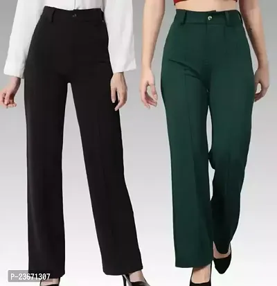 Elegant Cotton Blend Solid Trousers For Women- Pack Of 2-thumb0