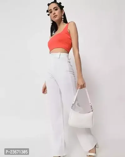 Elegant White Cotton Blend Solid Trousers For Women