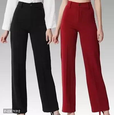 Elegant Cotton Blend Solid Trousers For Women- Pack Of 2