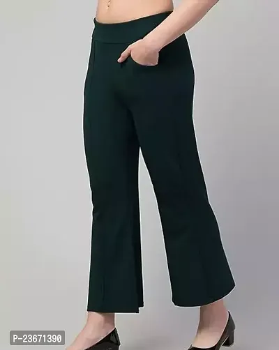 Elegant Green Cotton Blend Solid Trousers For Women