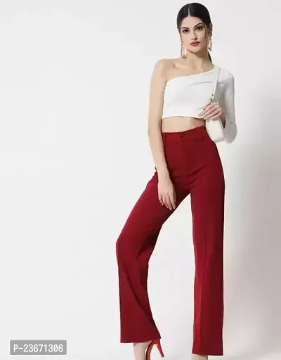 Elegant Maroon Cotton Blend Solid Trousers For Women