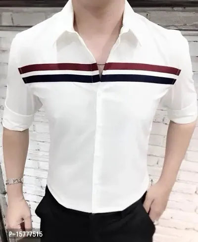 White Upper Strip Casual Shirts For Men-thumb0
