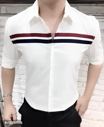 White Upper Strip Casual Shirts For Men-thumb0