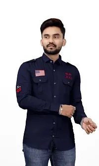 Navy Blue Cotton Solid Casual Shirts For Men-thumb1