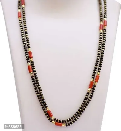 Traditional Golden Black Orange Coral Beads Double Line Layer Long Mangalsutra