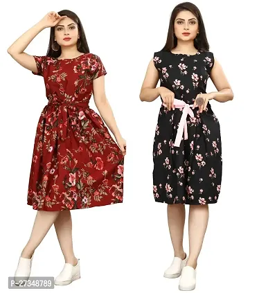 Stylish Multicoloured Crepe Printed Dress For Women Pack Of 2