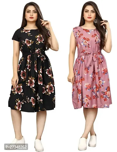 Stylish Multicoloured Crepe Printed Dress For Women Pack Of 2-thumb0