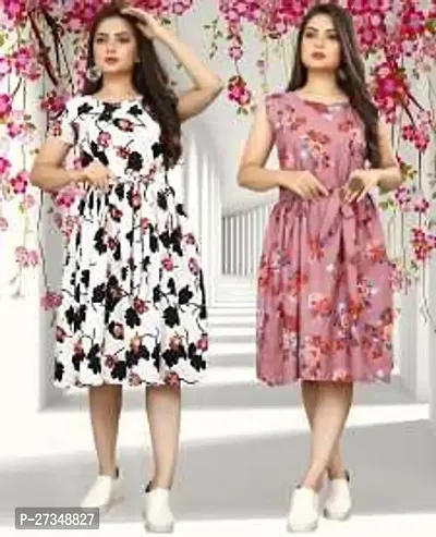 Stylish Multicoloured Crepe Printed Dress For Women Pack Of 2-thumb0