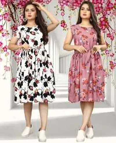 Stylish Crepe Abstract Print A-Line Dress For Women Pack Of 2