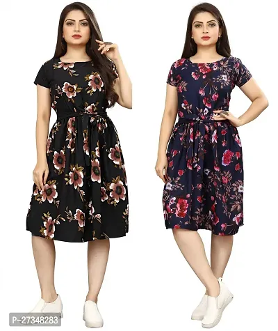 Stylish Multicoloured Crepe Printed Dress For Women Pack Of 2