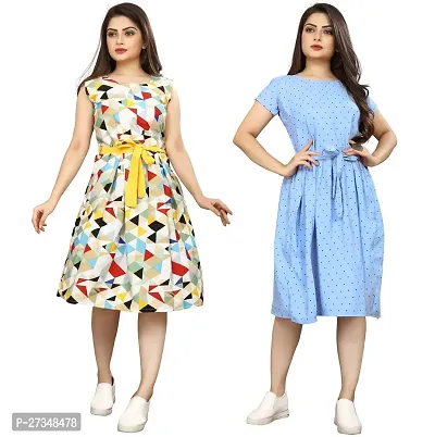 Stylish Multicoloured Crepe Printed Dress For Women Pack Of 2-thumb0