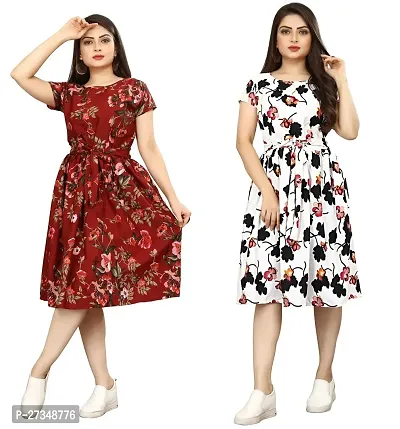 Stylish Multicoloured Crepe Printed Dress For Women Pack Of 2