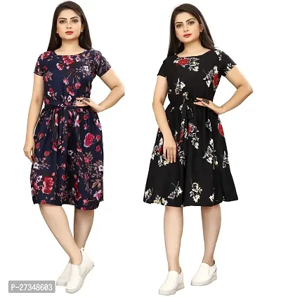 Stylish Multicoloured Crepe Printed Dress For Women Pack Of 2