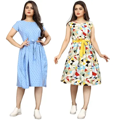 Stylish Crepe Abstract Print A-Line Dress For Women Pack Of 2