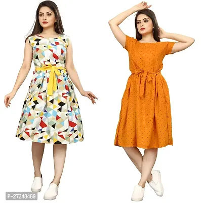 Stylish Multicoloured Crepe Printed Dress For Women Pack Of 2-thumb0