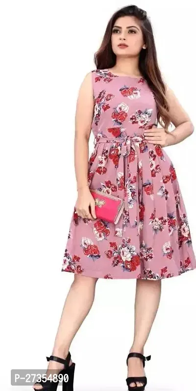 Stylish Peach Crepe Printed Fit And Flare Dress For Women-thumb0