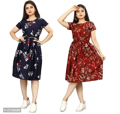 Stylish Multicoloured Crepe Printed Dress For Women Pack Of 2-thumb0