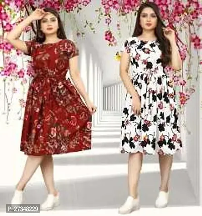 Stylish Multicoloured Crepe Printed Dress For Women Pack Of 2-thumb0