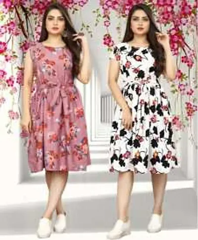 Stylish Crepe Abstract Print A-Line Dress For Women Pack Of 2