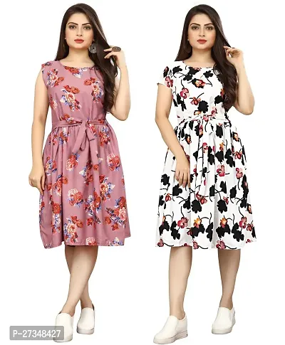 Stylish Multicoloured Crepe Printed Dress For Women Pack Of 2-thumb0