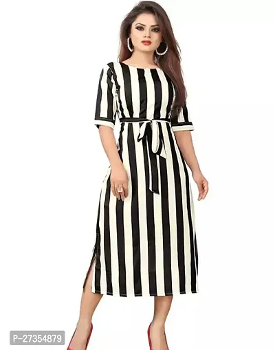 Stylish Black Crepe Striped Fit And Flare Dress For Women