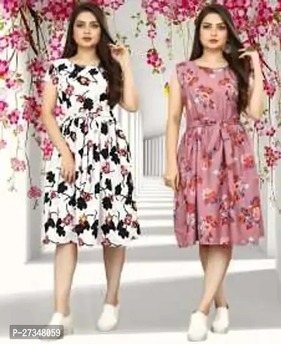 Stylish Multicoloured Crepe Printed Dress For Women Pack Of 2-thumb0