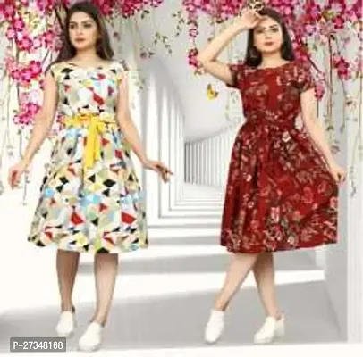 Stylish Multicoloured Crepe Printed Dress For Women Pack Of 2-thumb0