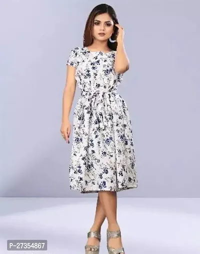 Stylish White Crepe Printed Fit And Flare Dress For Women