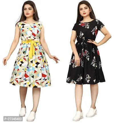 Stylish Multicoloured Crepe Printed Dress For Women Pack Of 2
